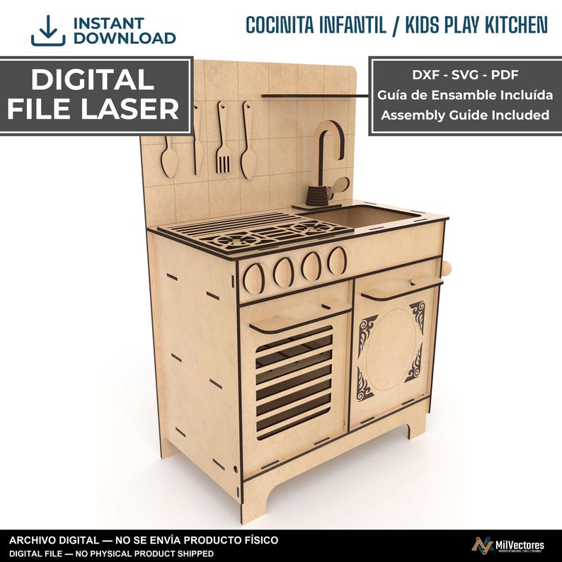 May include: A digital laser cut file for a wooden kids play kitchen featuring a stovetop, sink, tap, oven, and cabinet. The design includes hanging kitchen utensils, four knobs, and decorative patterns. Text includes DIGITAL FILE LASER.