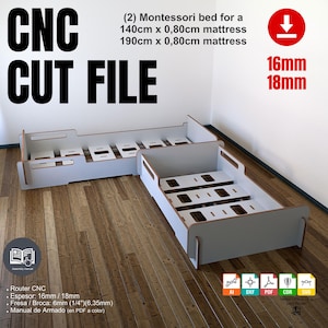 Letto Montessori, file CNC, progetti digitali PDF, router CNC, giochi CNC per bambini, progetti per letto in legno per bambini, Montessori, letto per bambini piccoli,