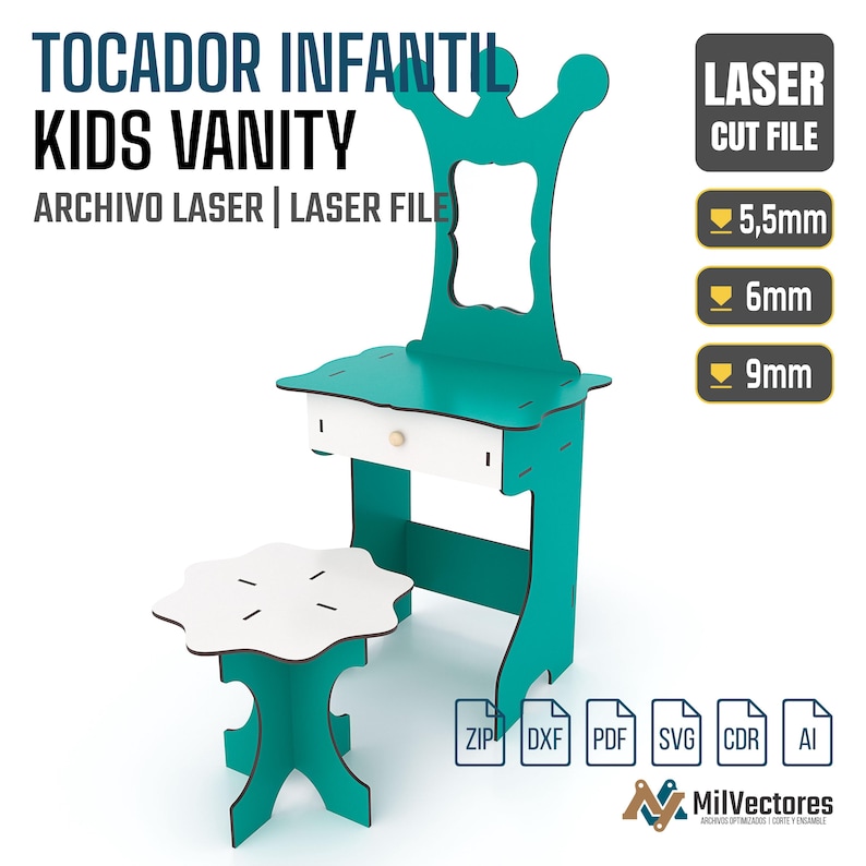 May include: A teal and white kids vanity set with a matching stool, featuring a crown-shaped mirror frame and a single drawer. The image includes text labels for laser cut files and material thicknesses of 5.5mm, 6mm, and 9mm, plus file format icons.