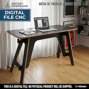 May include: A black work table with a light wood edge, featuring a flat rectangular top and two angled support legs. A laptop, a notebook, and two pens are placed on the surface. The text "DIGITAL FILE CNC" and "MESA DE TRABAJO / WORK TABLE" are visible.