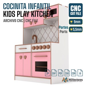 May include: A digital design for a kids play kitchen featuring pink and white panels, heart-shaped cabinet knobs, a faucet, and stove dials. The image includes text: COCINITA INFANTIL KIDS PLAY KITCHEN, CNC CUT FILE, 9mm, 5.5mm, and file formats.