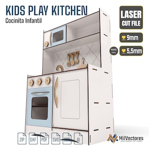 May include: A white and light blue wooden kids play kitchen with a laser cut file design. The structure features an oven, stove knobs, a microwave, and hanging kitchen utensils. Text includes KIDS PLAY KITCHEN, LASER CUT FILE, 9mm, and 5.5mm.