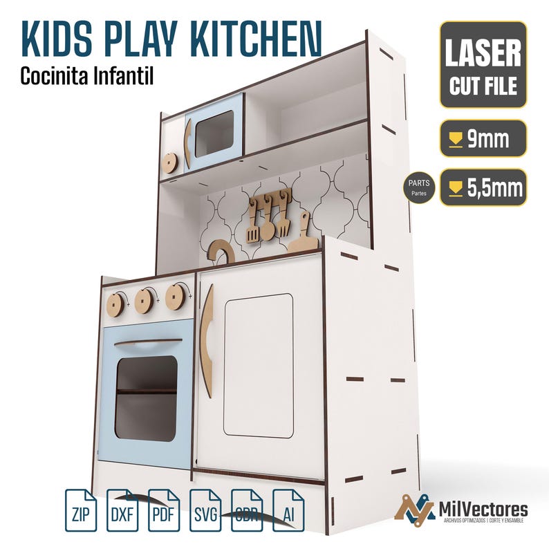 May include: A white and light blue wooden kids play kitchen with a laser cut file design. The structure features an oven, stove knobs, a microwave, and hanging kitchen utensils. Text includes KIDS PLAY KITCHEN, LASER CUT FILE, 9mm, and 5.5mm.