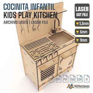 May include: A light-coloured wooden laser-cut play kitchen model featuring a stovetop, sink, tap, and hanging utensils. The design includes text labels for 5.5mm, 6mm, and 9mm material thicknesses, along with file format icons for ZIP, DXF, PDF, SVG, CDR, and AI.
