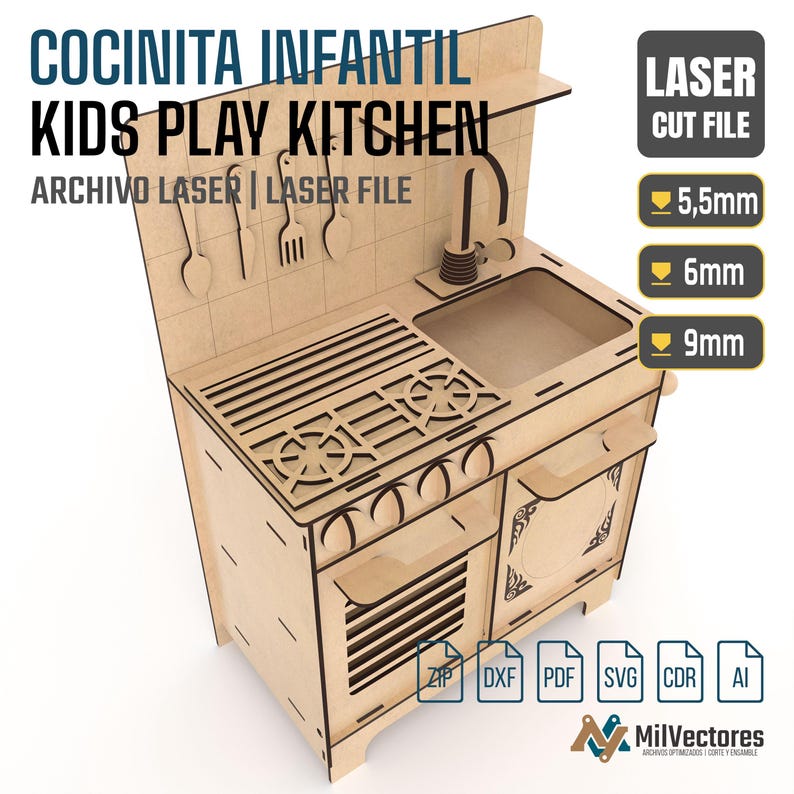 May include: A light-coloured wooden laser-cut play kitchen model featuring a stovetop, sink, tap, and hanging utensils. The design includes text labels for 5.5mm, 6mm, and 9mm material thicknesses, along with file format icons for ZIP, DXF, PDF, SVG, CDR, and AI.