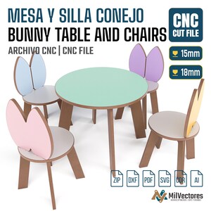 May include: A round mint green table with four chairs featuring bunny ear backrests in pastel pink, blue, purple, and yellow. The text reads MESA Y SILLA CONEJO BUNNY TABLE AND CHAIRS CNC CUT FILE. Includes 15mm and 18mm thickness labels and file icons.