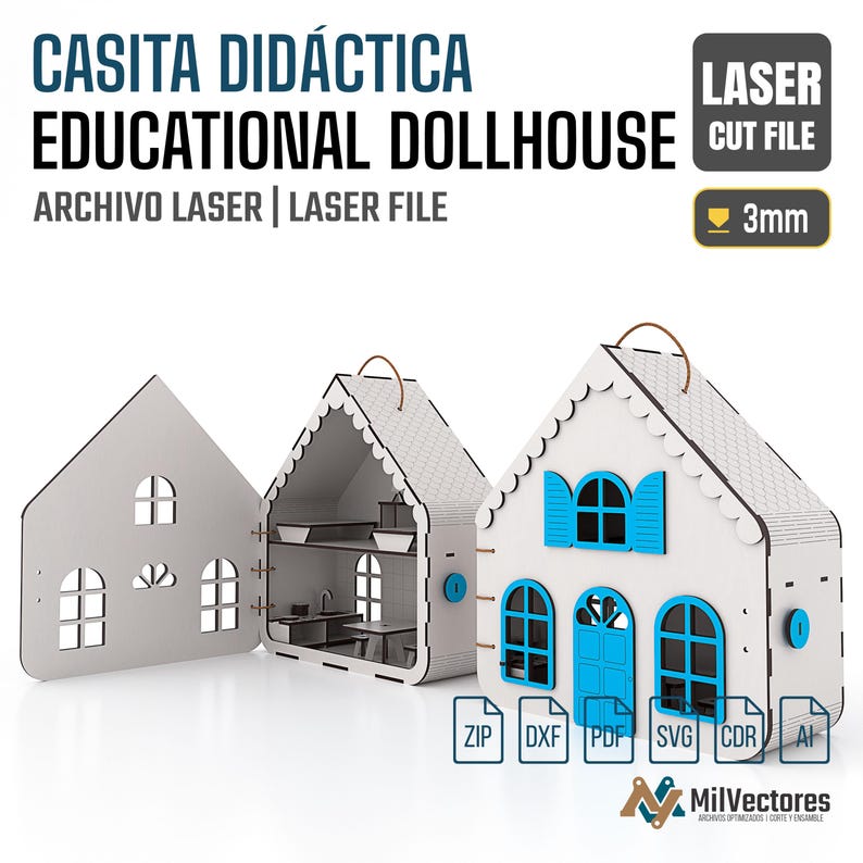 Pu&ograve; includere: Una casa delle bambole in legno tagliata al laser, bianca con persiane e porta blu. Il set include uno spessore del materiale di 3mm e formati di file digitali ZIP, DXF, PDF, SVG, CDR e AI. Il testo recita CASITA DID&Aacute;CTICA EDUCATIONAL DOLLHOUSE.