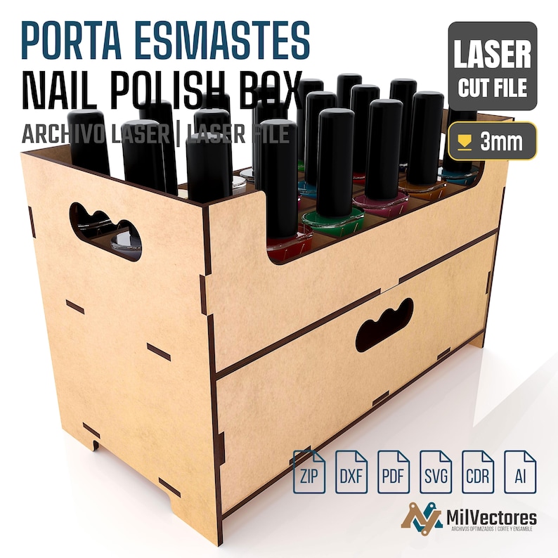 May include: A light brown wooden nail polish box with cut-out handles, designed for laser cutting with 3mm material. The box holds multiple nail polish bottles with black caps. Text includes PORTA ESMALTES NAIL POLISH BOX, LASER CUT FILE, and 3mm.