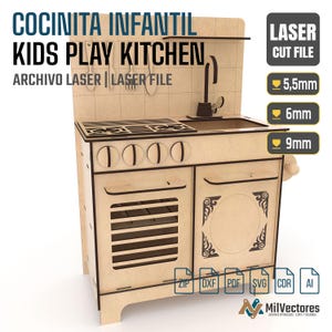 May include: A laser-cut wooden play kitchen featuring a stovetop with four knobs, an oven with a slatted door, a sink with a tap, and a backsplash with utensil silhouettes. Text includes COCINITA INFANTIL, KIDS PLAY KITCHEN, and 5.5mm, 6mm, 9mm.