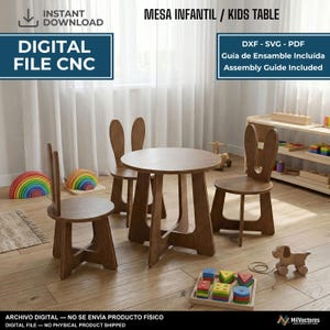 May include: A digital file for a wooden kids table and two chairs with bunny ear backrests. The text reads MESA INFANTIL / KIDS TABLE, DIGITAL FILE CNC, DXF - SVG - PDF, Guía de Ensamble Incluída, Assembly Guide Included, INSTANT DOWNLOAD.