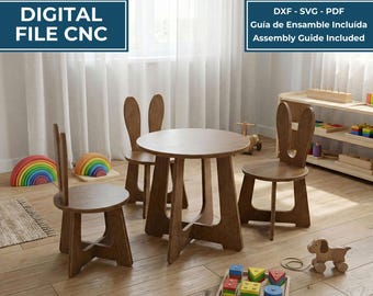May include: A digital file for a wooden kids table and two chairs with bunny ear backrests. The text reads MESA INFANTIL / KIDS TABLE, DIGITAL FILE CNC, DXF - SVG - PDF, Guía de Ensamble Incluída, Assembly Guide Included, INSTANT DOWNLOAD.