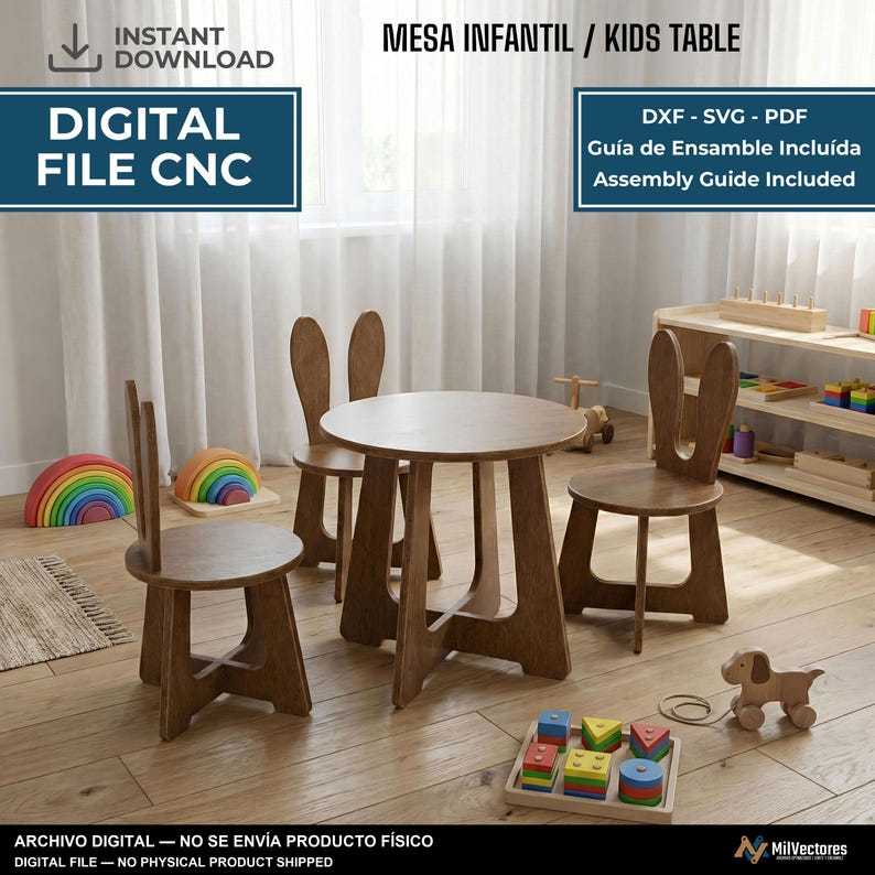 K&ouml;nnte beinhalten: Eine digitale Datei f&uuml;r einen Kindertisch aus Holz und zwei St&uuml;hle mit R&uuml;ckenlehnen in Hasenohrform. Der Text lautet MESA INFANTIL / KIDS TABLE, DIGITAL FILE CNC, DXF - SVG - PDF, Gu&iacute;a de Ensamble Inclu&iacute;da, Assembly Guide Included.