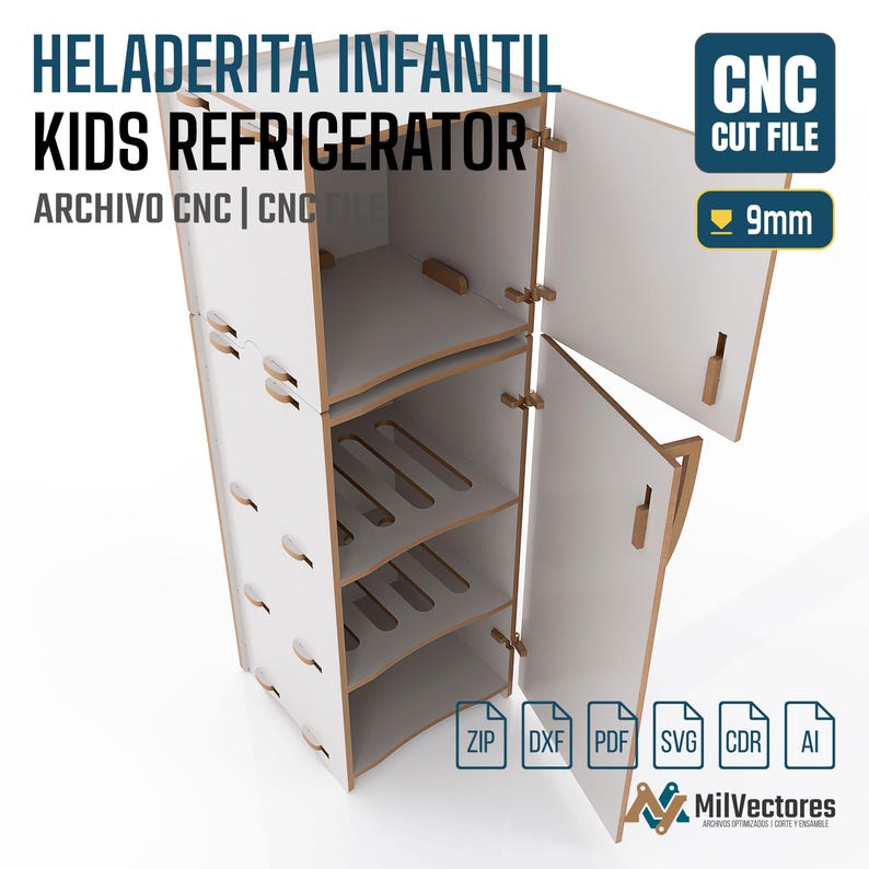 May include: A white wooden toy refrigerator with two doors and internal shelving, designed for CNC cutting. The unit features 9mm material thickness, with text labels including HELADERITA INFANTIL, KIDS REFRIGERATOR, and file format icons.