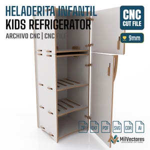 May include: A white wooden toy refrigerator with a two-door design, featuring visible 9mm thickness, internal shelves, and CNC cut file text. The structure includes assembly slots and hinges, presented as a digital design file for 9mm material.
