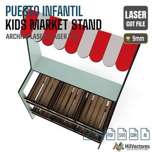 May include: A digital rendering of a kids market stand with a red and white striped awning. The structure features two levels of brown wooden crates for display. Text includes PUESTO INFANTIL, KIDS MARKET STAND, LASER CUT FILE, and 9mm.
