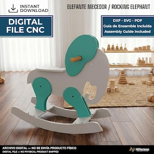 Puede incluir: Un archivo digital para un elefante mecedor CNC con cuerpo blanco, detalles en color verde azulado y un mango de madera. El texto dice ELEFANTE MECEDOR / ROCKING ELEPHANT, DIGITAL FILE CNC, DXF - SVG - PDF, Guía de Ensamble Incluída, Assembly Guide Included.