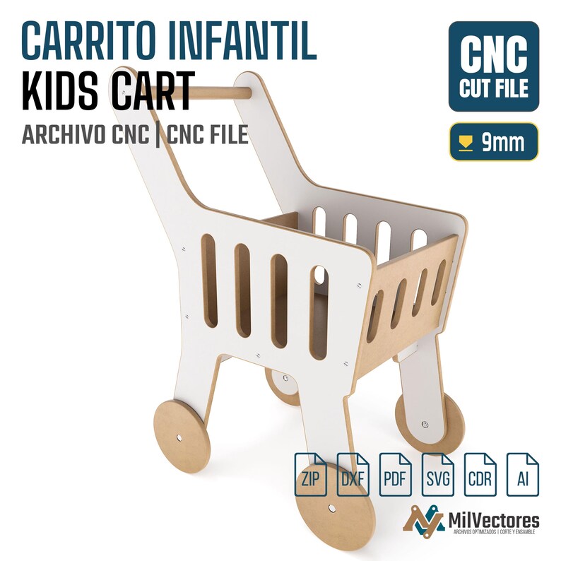 Op de afbeelding: Een CNC-snijbestand voor een kinderwagen van licht hout en wit. Het digitale product bevat de tekst CARRITO INFANTIL KIDS CART, CNC CUT FILE, 9mm en de bestandsformaten ZIP, DXF, PDF, SVG, CDR, AI. De wagen heeft een handvat en vier wielen.