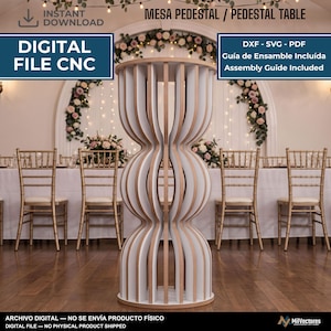 Op de afbeelding: Een digitaal bestand voor een CNC-voetstuktafel met een verticaal, golvend ontwerp met meerdere sleuven en witte en licht houtkleurige randen. De tekst bevat MESA PEDESTAL / PEDESTAL TABLE, DIGITAL FILE CNC, DXF - SVG - PDF en Assembly Guide Included.