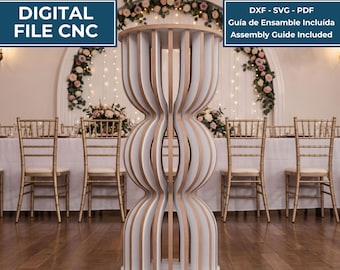 May include: A digital file for a CNC pedestal table featuring a vertical, wavy, multi-slotted design with white and light wood-toned edges. The text includes MESA PEDESTAL / PEDESTAL TABLE, DIGITAL FILE CNC, DXF - SVG - PDF, and Assembly Guide Included.