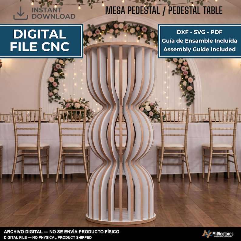 May include: A digital file for a CNC pedestal table featuring a vertical, wavy, multi-slotted design with white and light wood-toned edges. The text includes MESA PEDESTAL / PEDESTAL TABLE, DIGITAL FILE CNC, DXF - SVG - PDF, and Assembly Guide Included.
