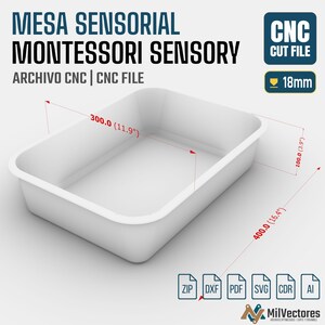 May include: A white rectangular sensory bin for a Montessori table, featuring CNC cut file dimensions of 11.9 inches by 16.4 inches by 3.9 inches for 18mm material. The digital file includes ZIP, DXF, PDF, SVG, CDR, and AI formats for fabrication.