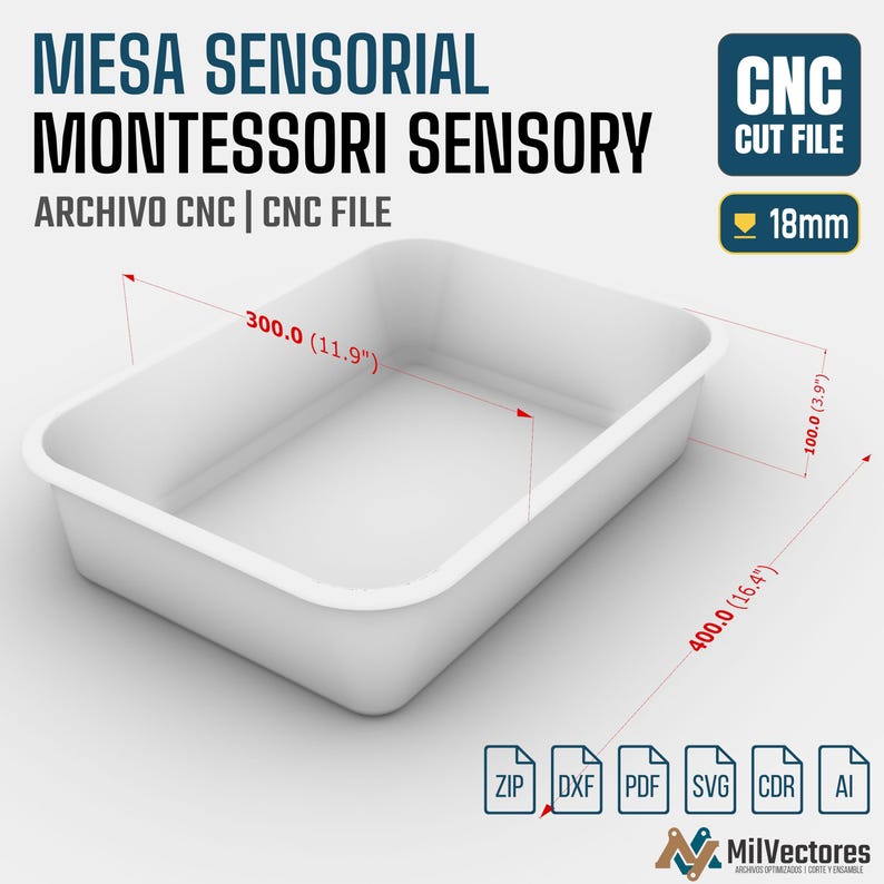 May include: A white rectangular sensory bin for a Montessori table, featuring CNC cut file dimensions of 11.9 inches by 16.4 inches by 3.9 inches for 18mm material. The digital file includes ZIP, DXF, PDF, SVG, CDR, and AI formats for fabrication.