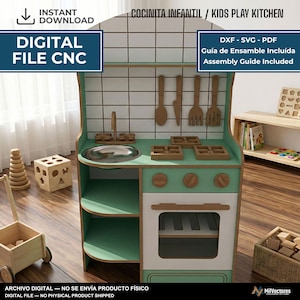 May include: A digital file for a CNC kids play kitchen featuring a green and white color scheme, a sink, stove burners, oven, and hanging utensils. The design includes a tiled backsplash and text labels for DXF, SVG, and PDF assembly guides.