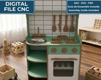 Väggmonterat lekkök | Design med kaklat bakstänkskydd | CNC-köksplaner för barn | DXF svg pdf-fil