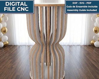 May include: A digital file for a CNC pedestal table featuring a vertical, hourglass-shaped design with light-colored wood edges and white interior panels. The image includes text: DIGITAL FILE CNC, MESA PEDESTAL / PEDESTAL TABLE, DXF - SVG - PDF, Guía de Ensamble Incluída, Assembly Guide Included, and ARCHIVO DIGITAL - NO SE ENVÍA PRODUCTO FÍSICO.