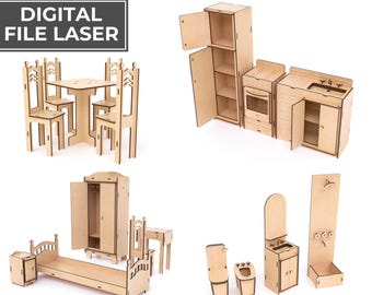 Large Dollhouse Furniture Set for 11.5" Dolls | Laser Cut SVG DXF Plans | 3mm Plywood Toy | Furniture Bundle for Fashion Dolls Download