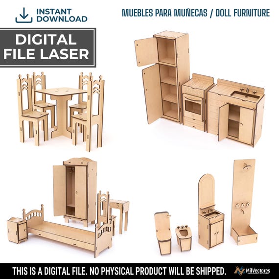 large dollhouse furniture 29cm tall, laser cut file, dollhouse furniture, digital plan 3mm thickness, laser cut dxf file muebles corte laser