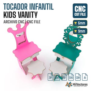 May include: A digital design file for a kids vanity set featuring two models: one pink with a crown-shaped mirror frame and one teal with an ornate oval mirror frame. Both include a matching stool and drawer. Text includes CNC CUT FILE, 6mm, 9mm.