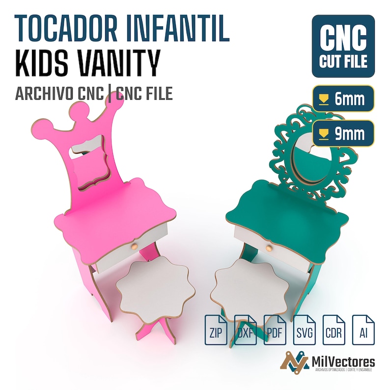 May include: A digital design file for a kids vanity set featuring two models: one pink with a crown-shaped mirror frame and one teal with an ornate oval mirror frame. Both include a matching stool and drawer. Text includes CNC CUT FILE, 6mm, 9mm.