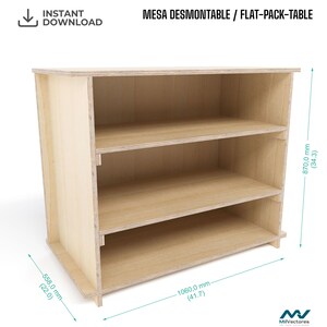 May include: A light-colored wooden flat-pack table with three open shelves. The structure measures 870.0 mm (34.3 inches) in height, 1060.0 mm (41.7 inches) in width, and 558.0 mm (22.0 inches) in depth. Text reads MESA DESMONTABLE / FLAT-PACK-TABLE.