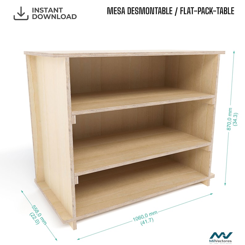 May include: A light-colored wooden flat-pack table with three open shelves. The structure measures 870.0 mm (34.3 inches) in height, 1060.0 mm (41.7 inches) in width, and 558.0 mm (22.0 inches) in depth. Text reads MESA DESMONTABLE / FLAT-PACK-TABLE.