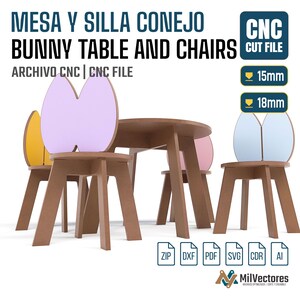 May include: A digital design for a bunny table and chairs set, featuring text MESA Y SILLA CONEJO BUNNY TABLE AND CHAIRS CNC CUT FILE. The image displays a round table and four chairs with bunny-ear backrests in yellow, purple, pink, and blue, with 15mm and 18mm labels.