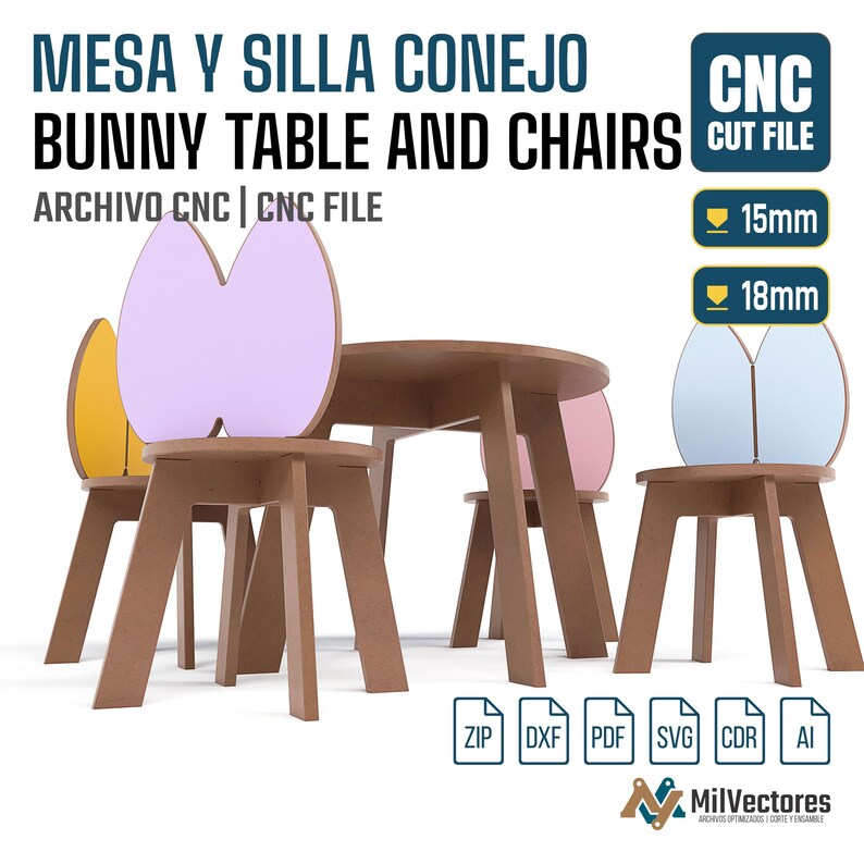 May include: A digital design for a bunny table and chairs set, featuring text MESA Y SILLA CONEJO BUNNY TABLE AND CHAIRS CNC CUT FILE. The image displays a round table and four chairs with bunny-ear backrests in yellow, purple, pink, and blue, with 15mm and 18mm labels.