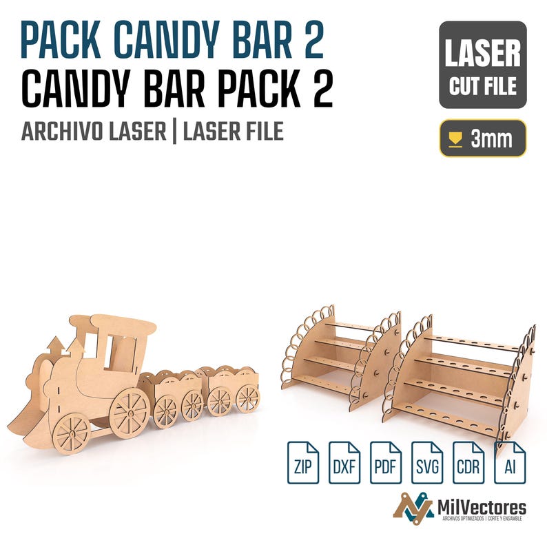 May include: A laser cut file set for a wooden train-shaped candy bar display and two tiered shelving units. The text reads PACK CANDY BAR 2, CANDY BAR PACK 2, LASER CUT FILE, 3mm, ZIP, DXF, PDF, SVG, CDR, AI, and MilVectores.
