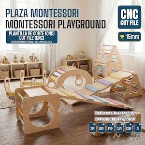 Könnte beinhalten: Ein Montessori-Spielplatz-Set aus Holz mit Kletterbogen, Rampe, Dreiecks-Klettergerüst und Würfel. Die Strukturen sind in Naturholz mit Pastellakzenten gehalten. Der Text "PLAZA MONTESSORI MONTESSORI PLAYGROUND" ist sichtbar. Die Holzstärke beträgt 15 mm.