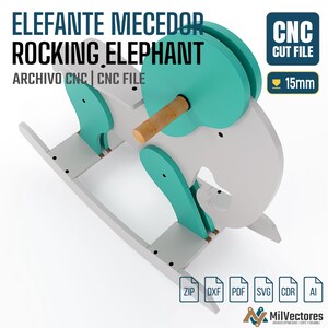 May include: A white and teal wooden rocking elephant with a cylindrical wooden handle. The image includes text reading ELEFANTE MECEDOR ROCKING ELEPHANT, CNC CUT FILE, ARCHIVO CNC, and a 15mm indicator, along with file format icons for ZIP, DXF, PDF, SVG, CDR, and AI.