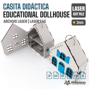 Pu&ograve; includere: Una casa delle bambole bianca tagliata al laser con persiane e porte blu, caratterizzata da un design incernierato che si apre per rivelare le stanze interne. Il testo CASITA DID&Aacute;CTICA EDUCATIONAL DOLLHOUSE, LASER CUT FILE, ARCHIVO LASER e 3mm &egrave; visibile.