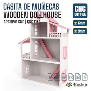 Peut inclure: Un fichier de d&eacute;coupe CNC pour maison de poup&eacute;e en bois blanc et rose avec trois niveaux, escaliers, balcons et fen&ecirc;tres arqu&eacute;es. Le texte inclut CASITA DE MU&Ntilde;ECAS WOODEN DOLLHOUSE, CNC CUT FILE, 6mm, 9mm et les formats ZIP, DXF, PDF, SVG, CDR, AI.