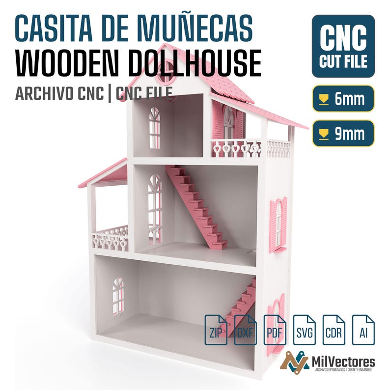 Peut inclure: Un fichier de d&eacute;coupe CNC pour maison de poup&eacute;e en bois blanc et rose avec trois niveaux, escaliers, balcons et fen&ecirc;tres arqu&eacute;es. Le texte inclut CASITA DE MU&Ntilde;ECAS WOODEN DOLLHOUSE, CNC CUT FILE, 6mm, 9mm et les formats ZIP, DXF, PDF, SVG, CDR, AI.