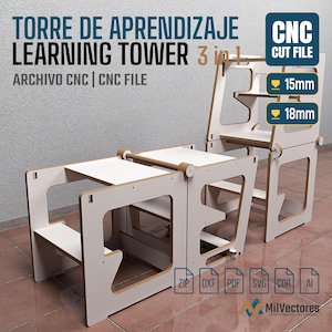 May include: A 3-in-1 learning tower CNC cut file featuring white wooden panels. The image displays the tower in both upright and folded configurations, with text labels indicating 15mm and 18mm material thickness and file formats like ZIP, DXF, PDF, SVG, CDR, and AI.