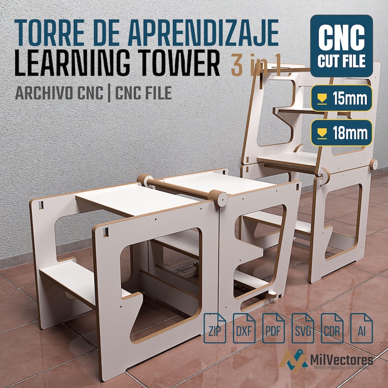 May include: A 3-in-1 learning tower CNC cut file featuring white wooden panels. The image displays the tower in both upright and folded configurations, with text labels indicating 15mm and 18mm material thickness and file formats like ZIP, DXF, PDF, SVG, CDR, and AI.