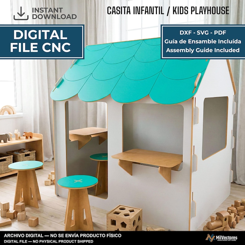 Pu&ograve; includere: Un file digitale per una casetta da gioco per bambini con struttura bianca, tetto smerlato color turchese, due banconi in legno fissati e due sgabelli rotondi abbinati con sedute turchesi. Il testo include CASITA INFANTIL / KIDS PLAYHOUSE, DXF - SVG - PDF e Guida all'assemblaggio inclusa.