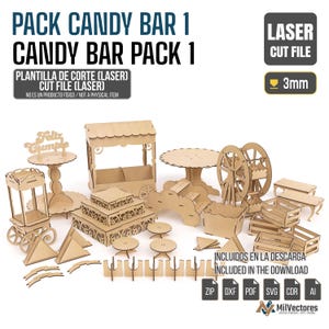 Puede incluir: Un conjunto de componentes de pack de barra de caramelos de madera cortados con láser. Incluye un carro, mesas, una noria, cajas y elementos decorativos. El texto dice "PACK CANDY BAR 1" y "LASER CUT FILE".