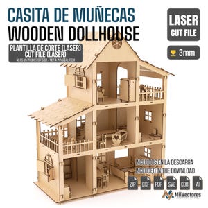 Puede incluir: Una casa de muñecas de madera cortada con láser con varias habitaciones, ventanas y un balcón. La casa de muñecas presenta el texto "CASITA DE MUÑECAS WOODEN DOLLHOUSE" y "CUT FILE (LASER)". El diseño tiene 3 mm de grosor.