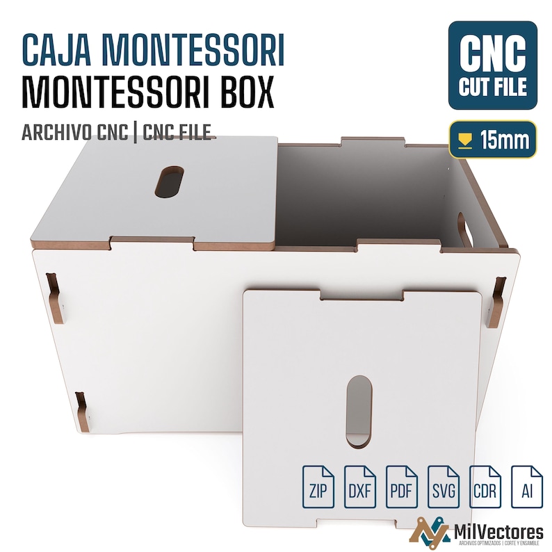May include: A white Montessori box CNC cut file with a 15mm thickness specification. The digital design includes a main box structure with a removable lid, featuring cutouts for assembly. File formats include ZIP, DXF, PDF, SVG, CDR, and AI.