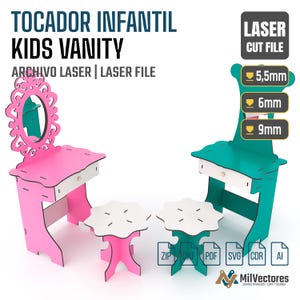 May include: A digital laser cut file for a kids vanity set, featuring a pink vanity with an oval mirror and a teal vanity with a tall back. Both include matching stools and white drawers. Text indicates material thicknesses of 5.5mm, 6mm, and 9mm.